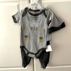 BRAND NEW 3-6 Month Little Man Baby Boy Gray Outfit with Onesie, Hat, & Pants